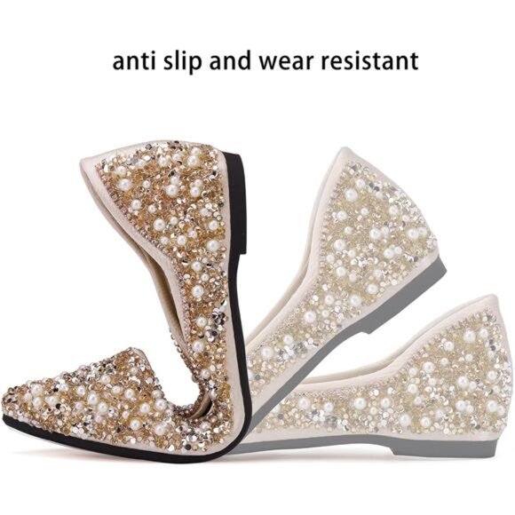 Women's Rhinestone Flats Fashion Pointed Toe Pearl Diamond Low Heel Dress - Picture 4 of 7